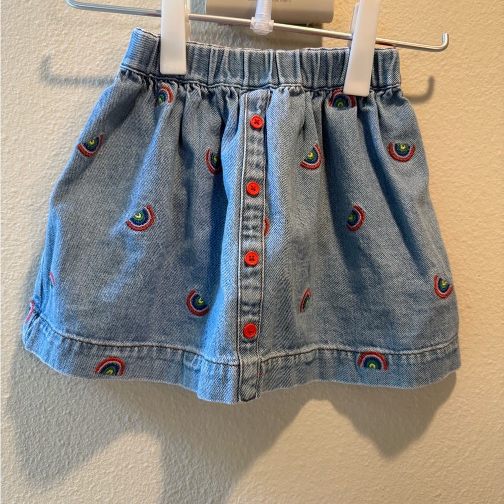 Mini Boden Denim Skirt with Red and Rainbow Accents